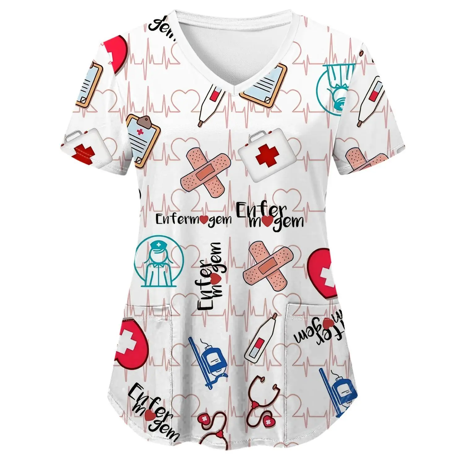 Plus Size Women's Scrubs V-Neck Short Sleeve Top - Full-Body Medical Print Stretch Uniform with Patch Pockets, Ideal for Clinics and Hospitals, Machine Washable (0XL-9XL)
