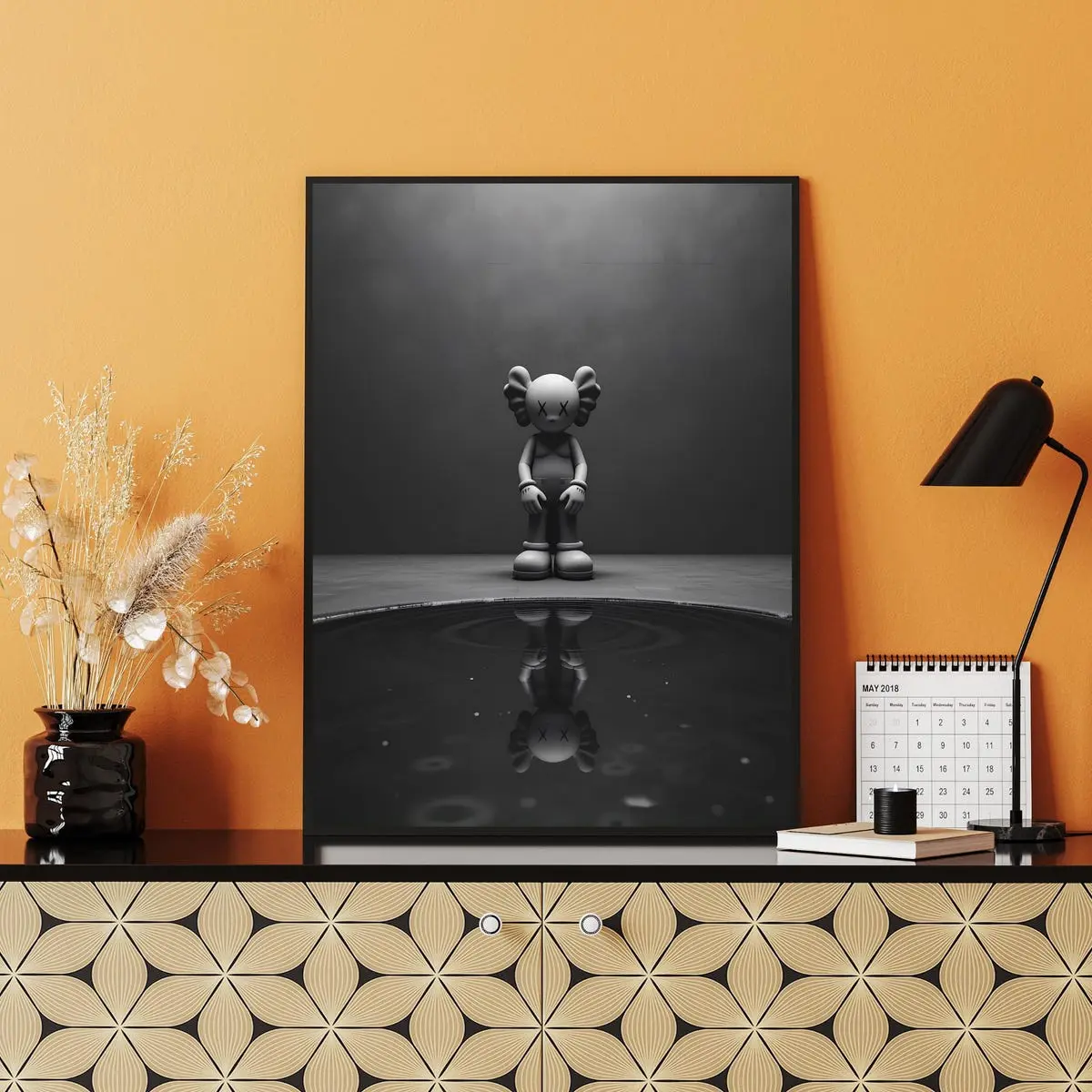 Black Kaws Poster, Hypebeast Wall Art, Trendy Streetwear Figure Print, Cool Kaws Toy Poster, Modern Hypebeast Room Decor, Unframed