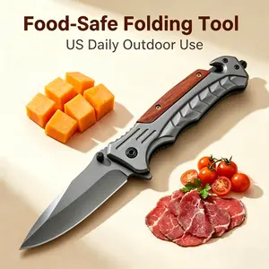 Food-Safe Camping Folding Tool, 8.19 Inch Overall, Rust-Proof Stainless Steel Blade, Red Wood Non-Slip Handle,  Portable Outdoor Cutting Tool for Picnic, BBQ & Daily Use