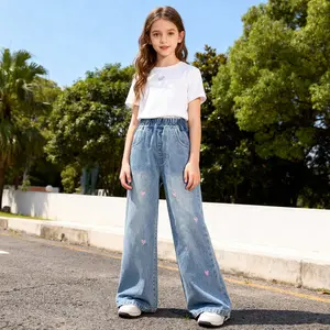 Girls Jeans Embroidery High Elastic Waist Denim Pants with Pockets Y2K Trendy Tween Streetwear 5-14 Years