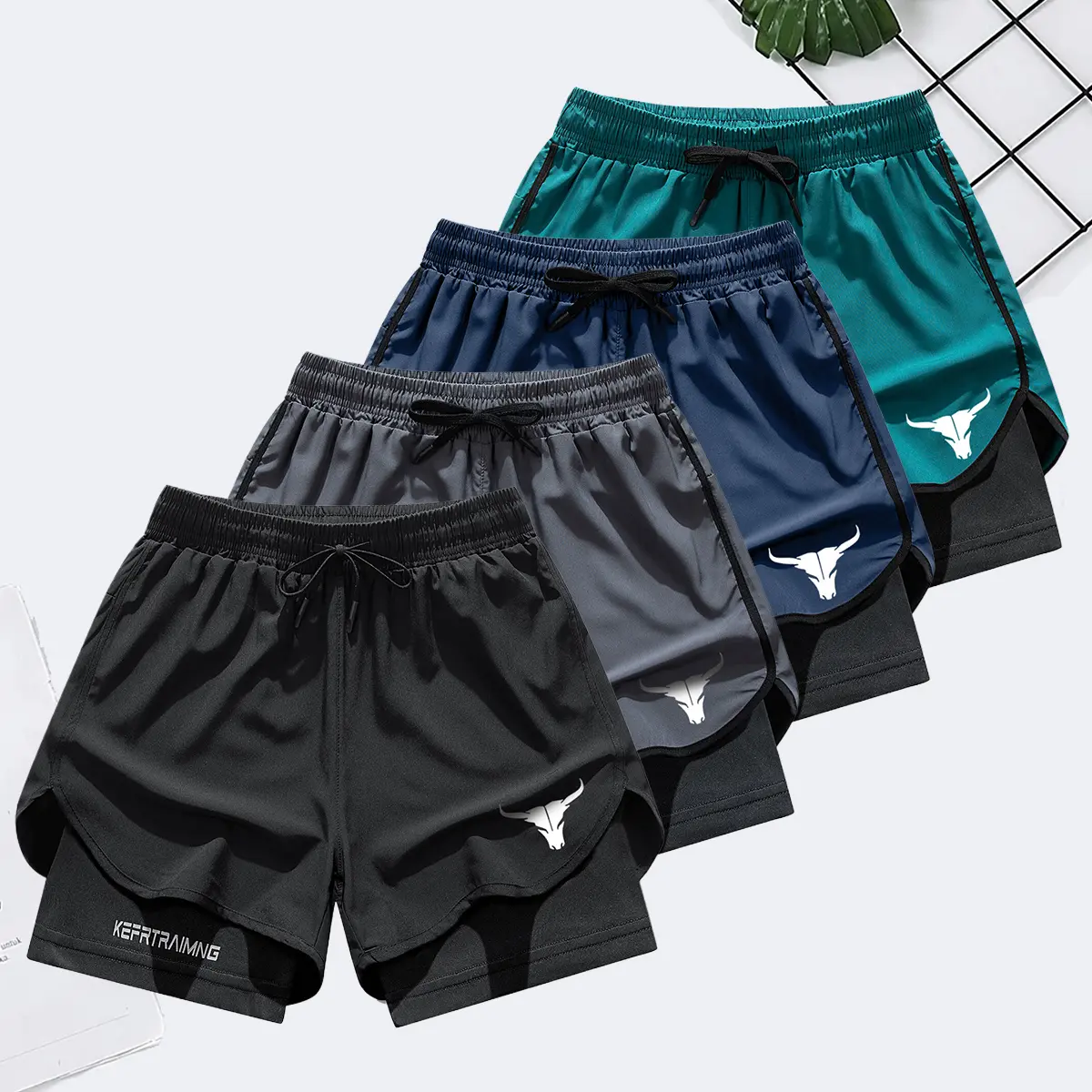 Men's Running Shorts Set of 4, Bull Print, Summer New Men’s Korean Style, Loose Fit, Thin Ice Silk Quick Dry, Casual Sports Fitness Five-Point Pants Shorts