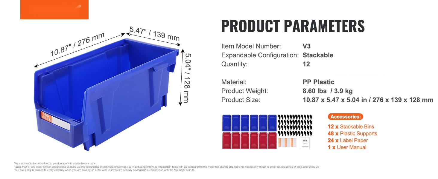 Plastic Storage Bin 11-Inch By 5-Inch By 5-Inch, Hanging Stackable Storage Organizer Bin In Blue And Red, 12-Pack, Heavy-Duty Stacking Containers For Closet, Kitchen, Office, Pantry Organization