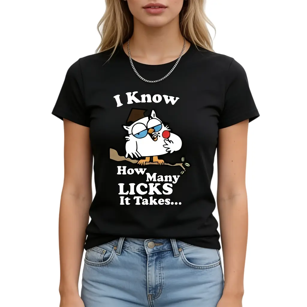 "I Know How Many Licks It Takes" Men's Cotton Crew Neck T-Shirt with Cartoon Owl Print Slightly Stretchy Casual Top for Outdoor Fitness & Everyday Wear Round Neck Classic Graphic Streetwear Womenswear Tshirt Crewneck