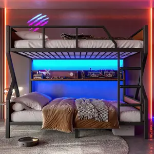 Full over Full Bunk Bed Frame, Metal Bunk Bed with Storage Shelves and Lights, Space-saving & Noise-free Design, Black