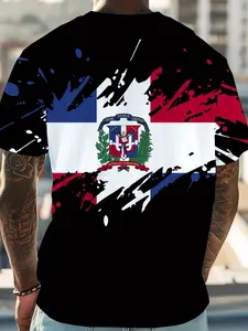 Men's Dominican Flag Pattern Fitted Print T-Shirt, with Blue Graffiti Design, Lightweight Round Neck Summer Short Sleeve Casual Tee, Streetwear