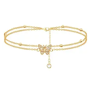 Fashion Shiny Crystal Butterfly Double Layer Anklet for Women Exquisite Silver Color Beaded Charm Foot Chain Party Jewelry Gifts