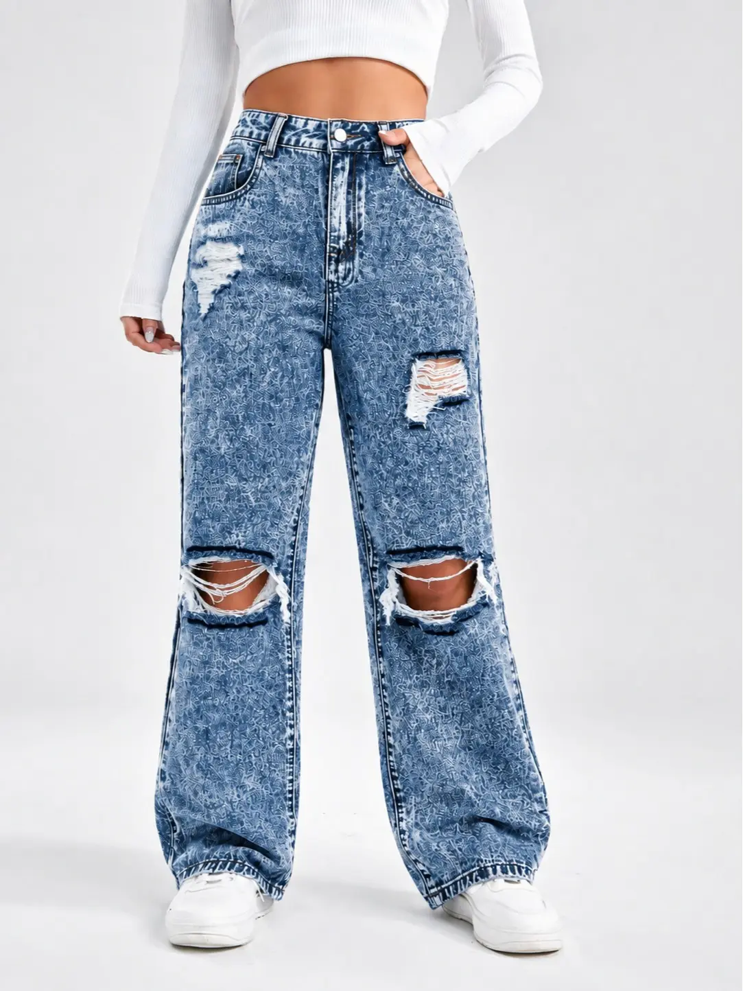 Women Baggy Ripped Jeans Destroyed Wide Leg Retro Denim Pants