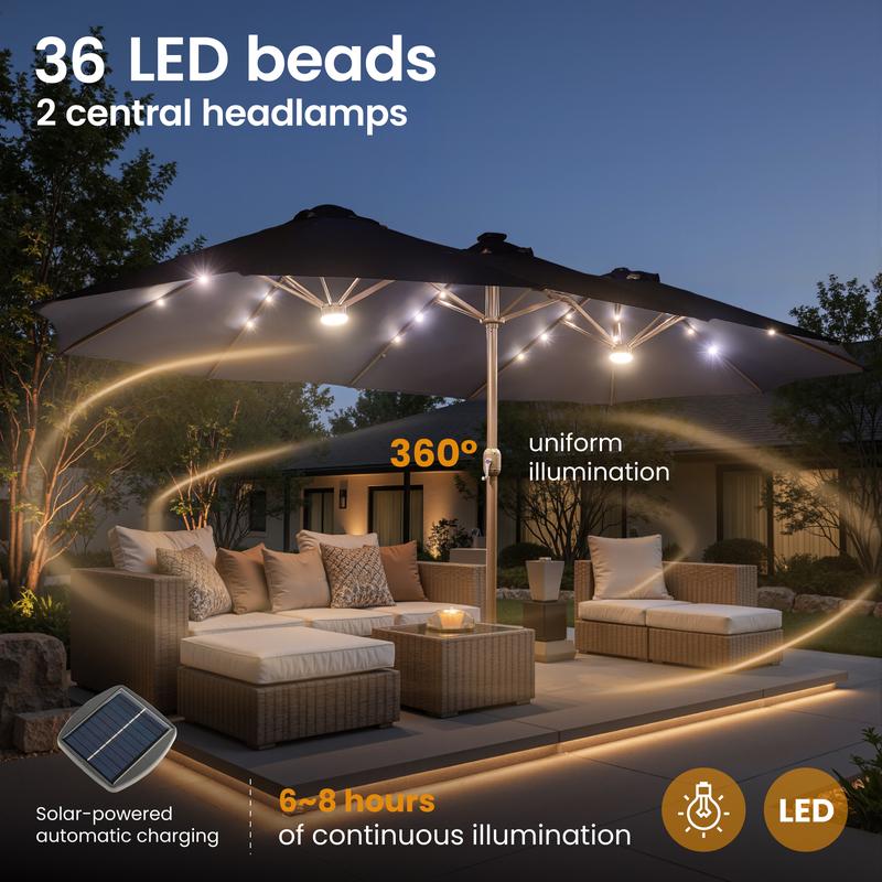 【Solar Lights Umbrella & Table】Ovios 15ft Double-Sided Patio Solar Lights Umbrella with 25" Coffee Table , Outdoor Large Umbrellas with Crank Handle and 36 LED Lights, Rectangular Market Umbrella with Base Included for Deck Pool Shade