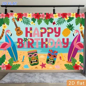 2D Flat Banner 1pc, Birthday Party Banners Tropical Happy Birthday Flamingo Pineapple Surfboard Palm Leaf Pattern Polyester Backdrop Event Decorationhome Room Farm Garden Courtyard Photography Live Streaming Wedding Club