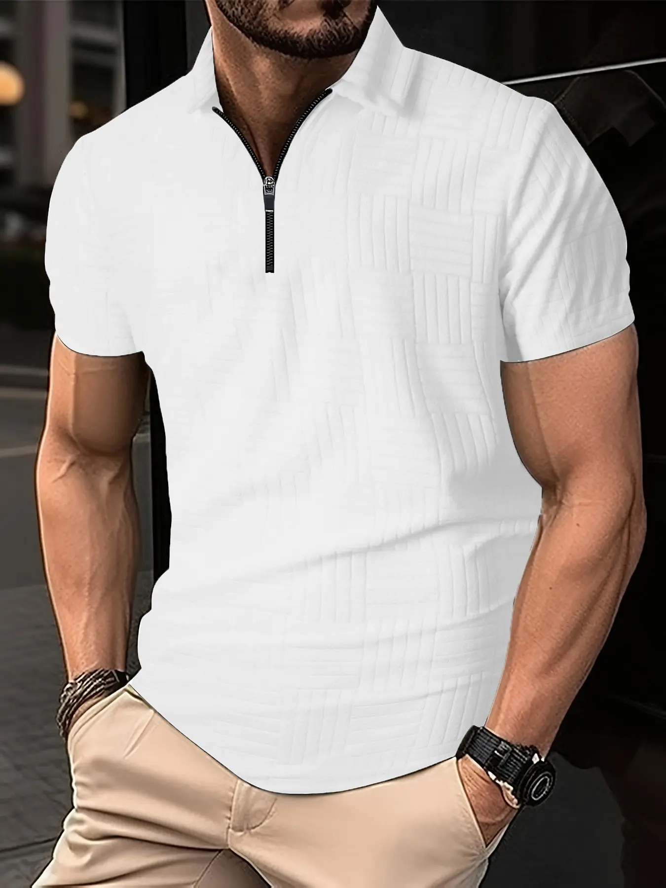 Men's Textured Quarter-Zip Polo Shirt, Short Sleeve Collared Casual Top, Breathable Jacquard Golf Shirt for Everyday and Business