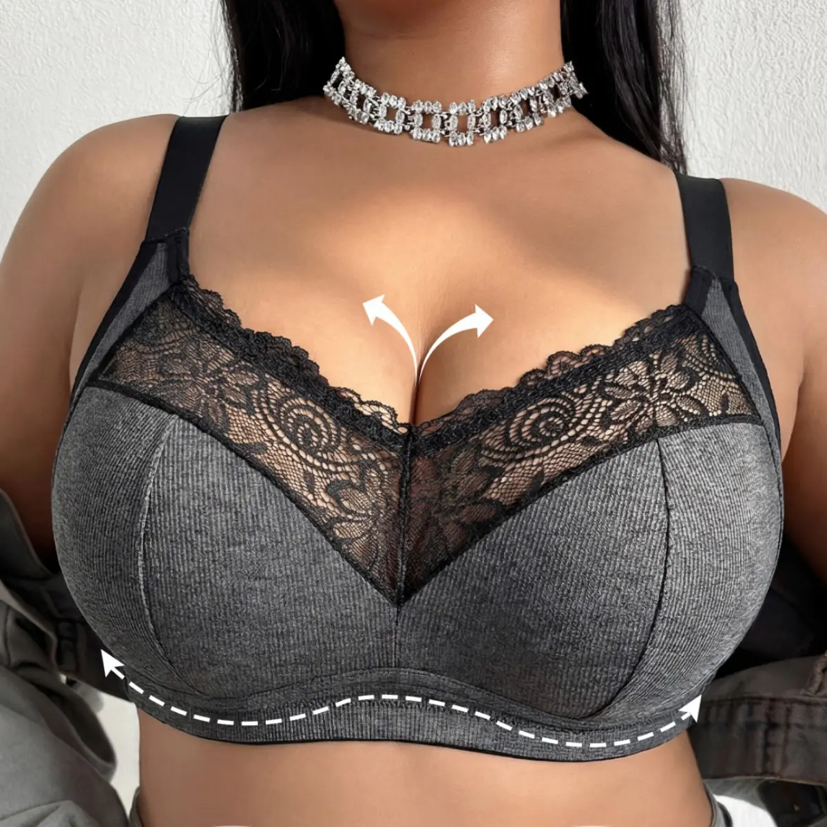 Women's Plus-Size Lace Bra, Elegant Wireless Lingerie with Unpadded Thin Cups, Breathable Elastic Fabric for Everyday Wear, Minimalist, Hand Wash, V-Neck, All Seasons, Bohemian, Fit, Stretchy, Basic, Polyester