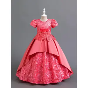 Long Embroidered Evening Dress for Girls, Featuring Lace Decorations, Suitable for Beauty Pageants, Stage Performances, Weddings, And Birthday Parties, Designed As an Elegant Princess Gown.