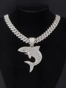 Street Charm Shark Pendant Necklace, Iced Out Blingbling Cuban Chain, Hip-Hop Animal Jewelry for Men Women, Daily Wear Accessories