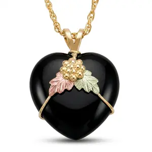 Women's 10k Yellow Gold Black Hills Onyx Heart Pendant Necklace, 12k Green & Rose Gold Leaves, August Birthstone, Grape Cluster Design, 18"