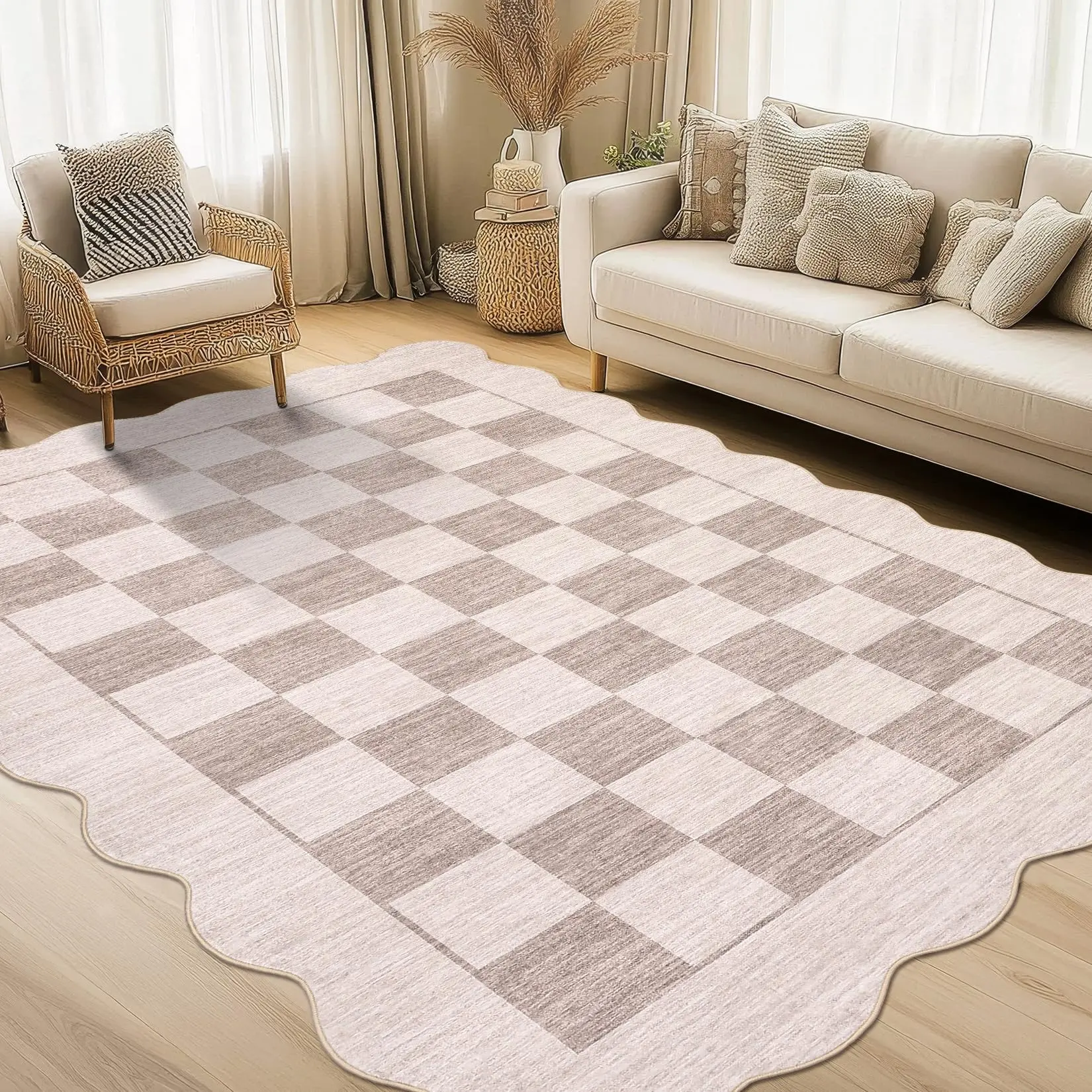 8x10 Washable Rug for Living Room Bedroom Office Scalloped Neutral Area Rug for Nursery Low Pile Modern Checkerboard Dining Room Rugs Beige Rug