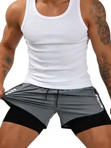 Men's Fitness 2-In-1 Running Shorts, Geometric Print, New Lining, Anti-Slip Sports Design, Waist 12-18 Cm, Gym Outdoor Training