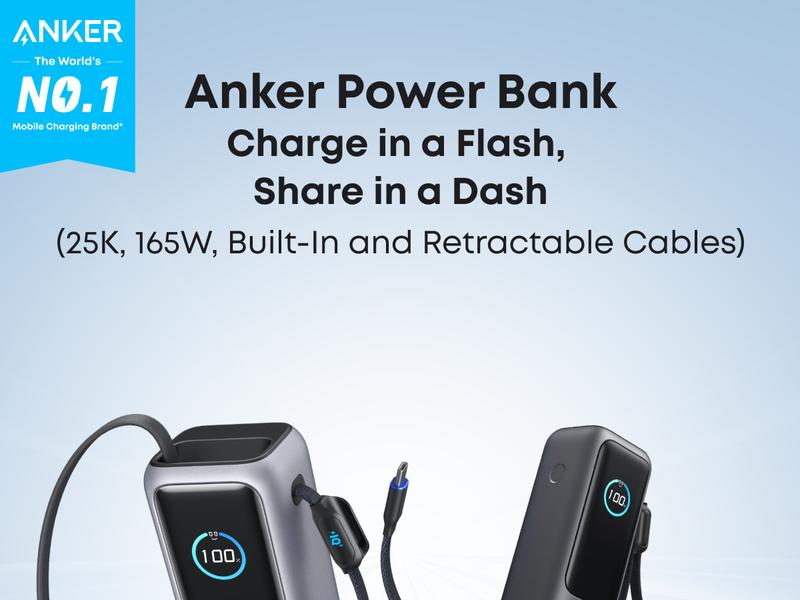 Anker Laptop power bank (25K, 165W, Built-In and Retractable Cables) and Anker Laptop Charger (140W, 4-Port, PD 3.1)