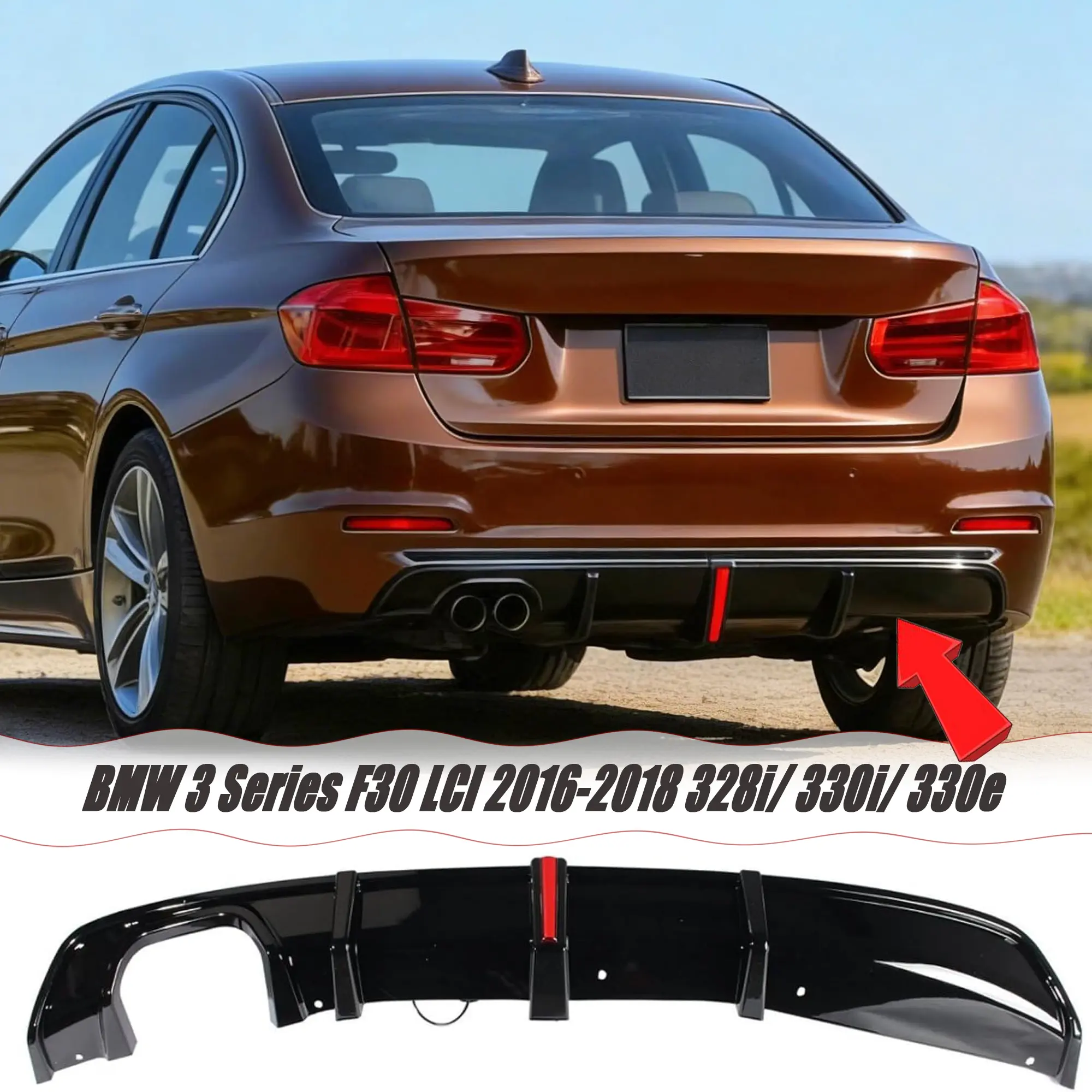 MUTUSAISI Rear Diffuser w/LED Light Fit for BMW 3 Series F30 LCI 2016 2017 2018 328i/ 330i/ 330e Accessories (Base/Regular Model Only) Replaced Rear Bumper Lower Lip Splitter Exterior Part