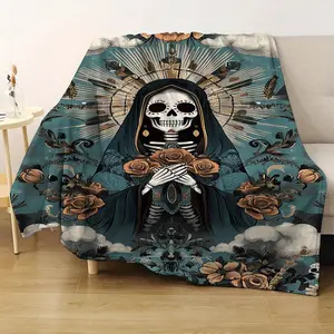 Day of the Dead Skull and Virgin Mary Flannel Blanket - Soft, Warm, Suitable for Sofa, Office, Bed, and Camping - Perfect Gift for All Seasons,Throw Blanket,Room Decor