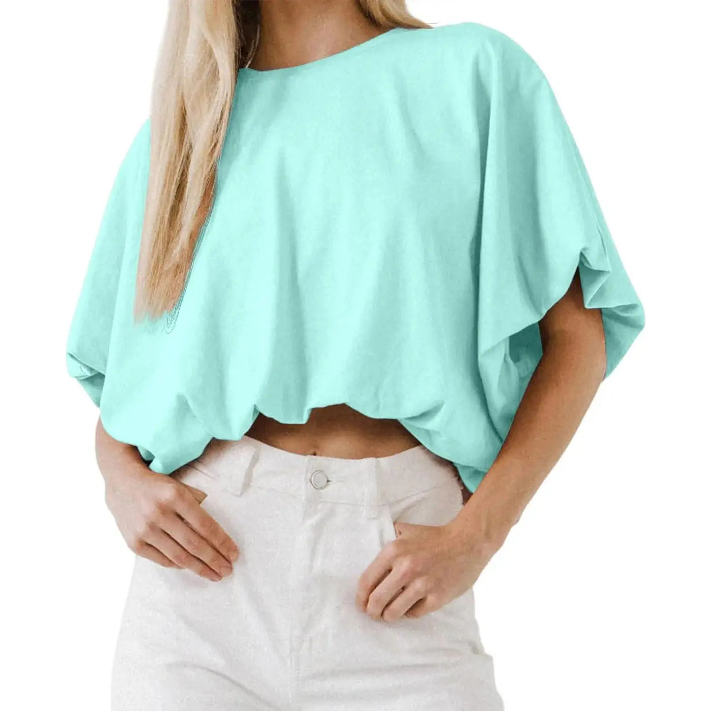 LAICIGO Womens Summer Crewneck Crop Tops Short Sleeve Casual Loose Cropped T Shirts