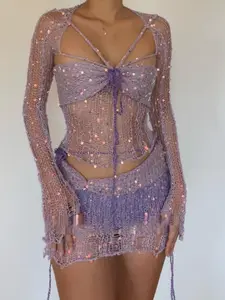 Women's Sexy Slim Fit Knitted Top & Short Skirt Set, Contrast Sequins Design, Long Sleeves, High Waist, All Seasons Fashion