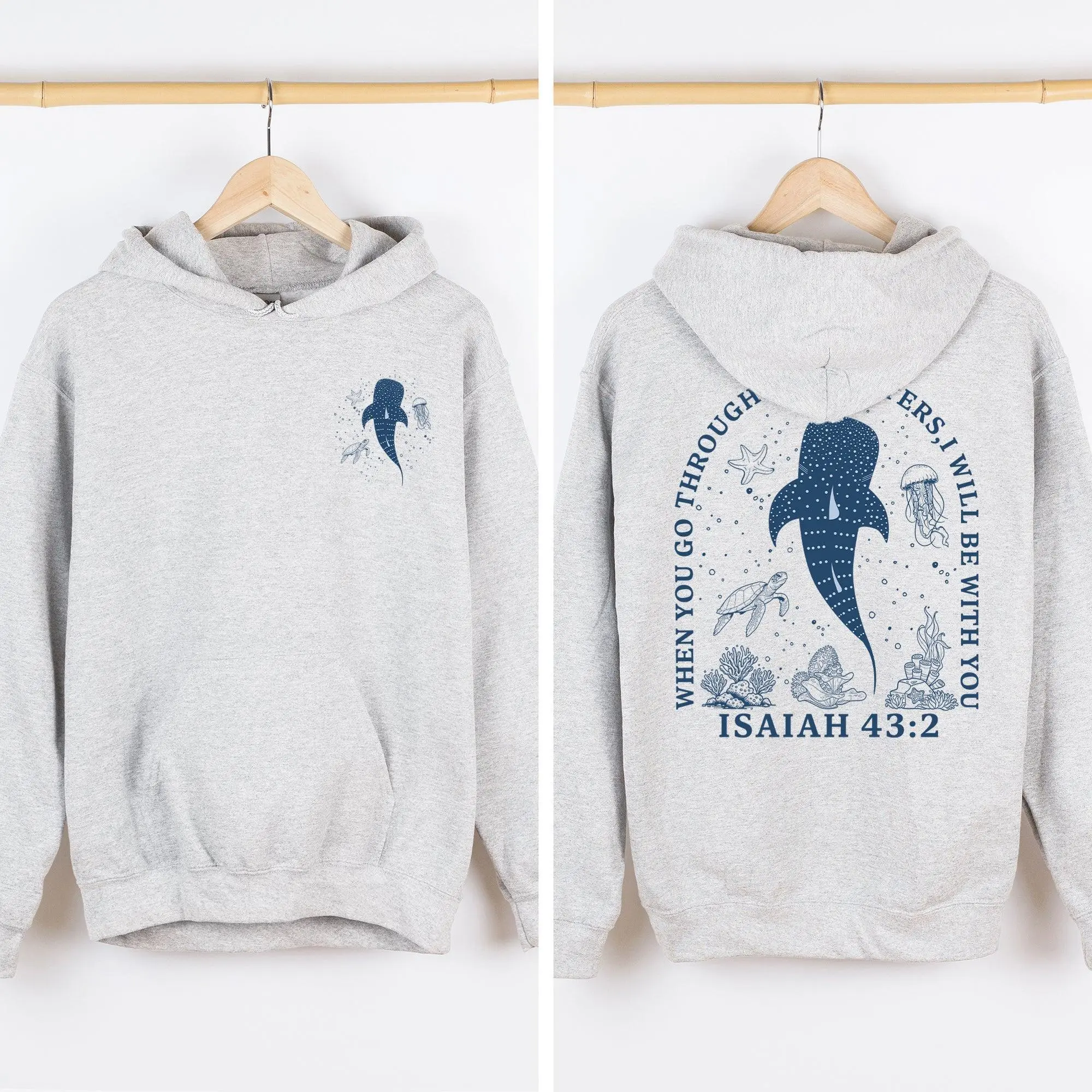 When You Go Through Deep Waters, I Will Be With You, Whale Shark, Ocean, Marine Life, Gospel, Faith Based Apparel, Christian Hooded Sweatshirt
