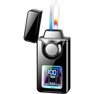 Smart Dual Flame Lighter, Windproof with Visible Air Window, Butane Refillable, Windproof Jet Flame and Soft Flame Lighter 2 in 1, Suitable for Indoor, Outdoor, Gift(B) Box