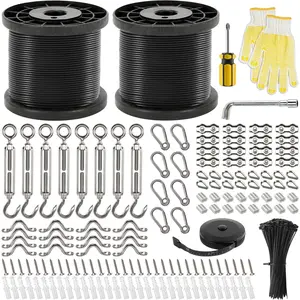 400Ft Outdoor String Light Hanging Kit, Nylon Coated 304 Stainless Steel Wire Rope, Comes with Enough Accessories, Guide Wire for Outdoor Patio Camping String Lights