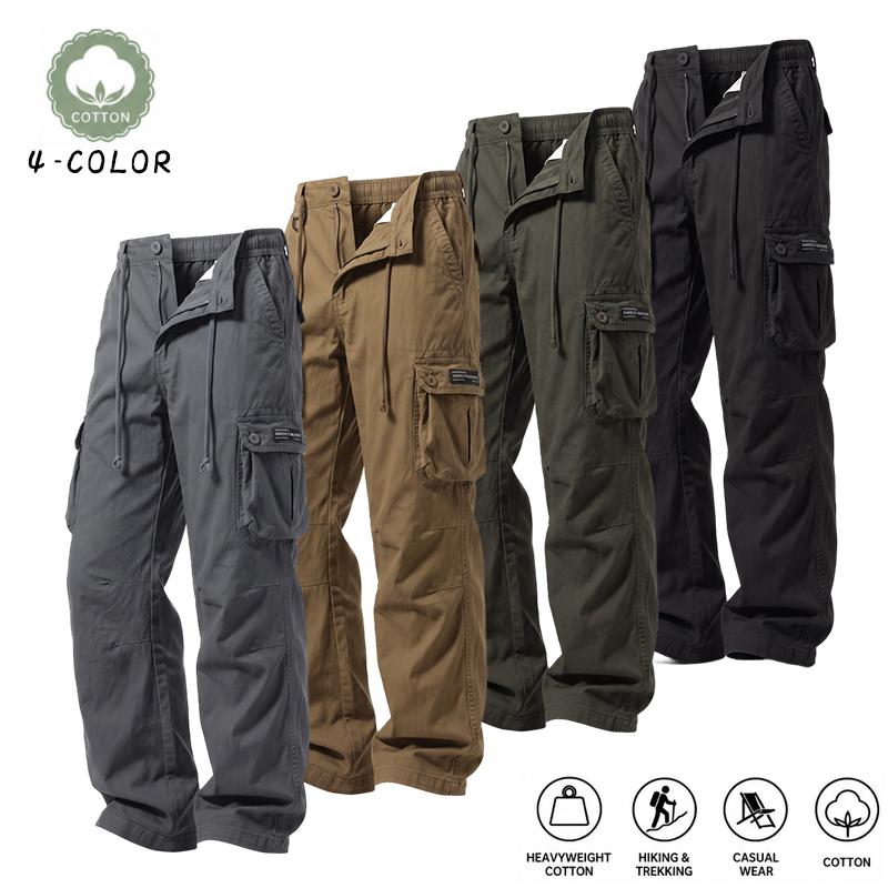 Men's Classic American-Style Heavy Cotton Cargo Pants - Mid Waist, Plain, Loose Cut, Durable, Breathable, Non-Overheating, Multi-Pocket, Button-Closure Trousers with Cuffed Hem for Hiking, Commuting