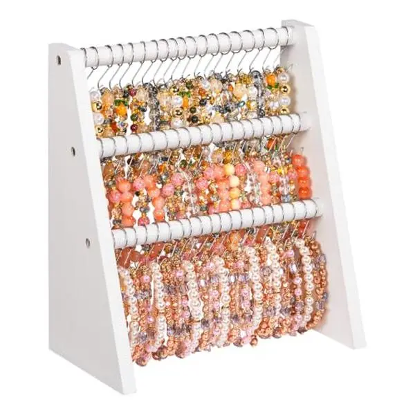 Solid Wood Rectangular Bracelet Holder Display Stand - 3-Tier High Capacity Jewelry Org. with 75 Hooks, White Vintage Home Decor for Bangles, Watches, Scrunchies, Necklaces, Tabletop Vendors