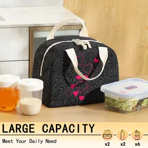 Heart Pattern Print Insulated Lunch Bag, Reusable Lunch Tote, Non-Food Contact, Zipper Portable Lunch Box Cooler Bag, Thermal Bag