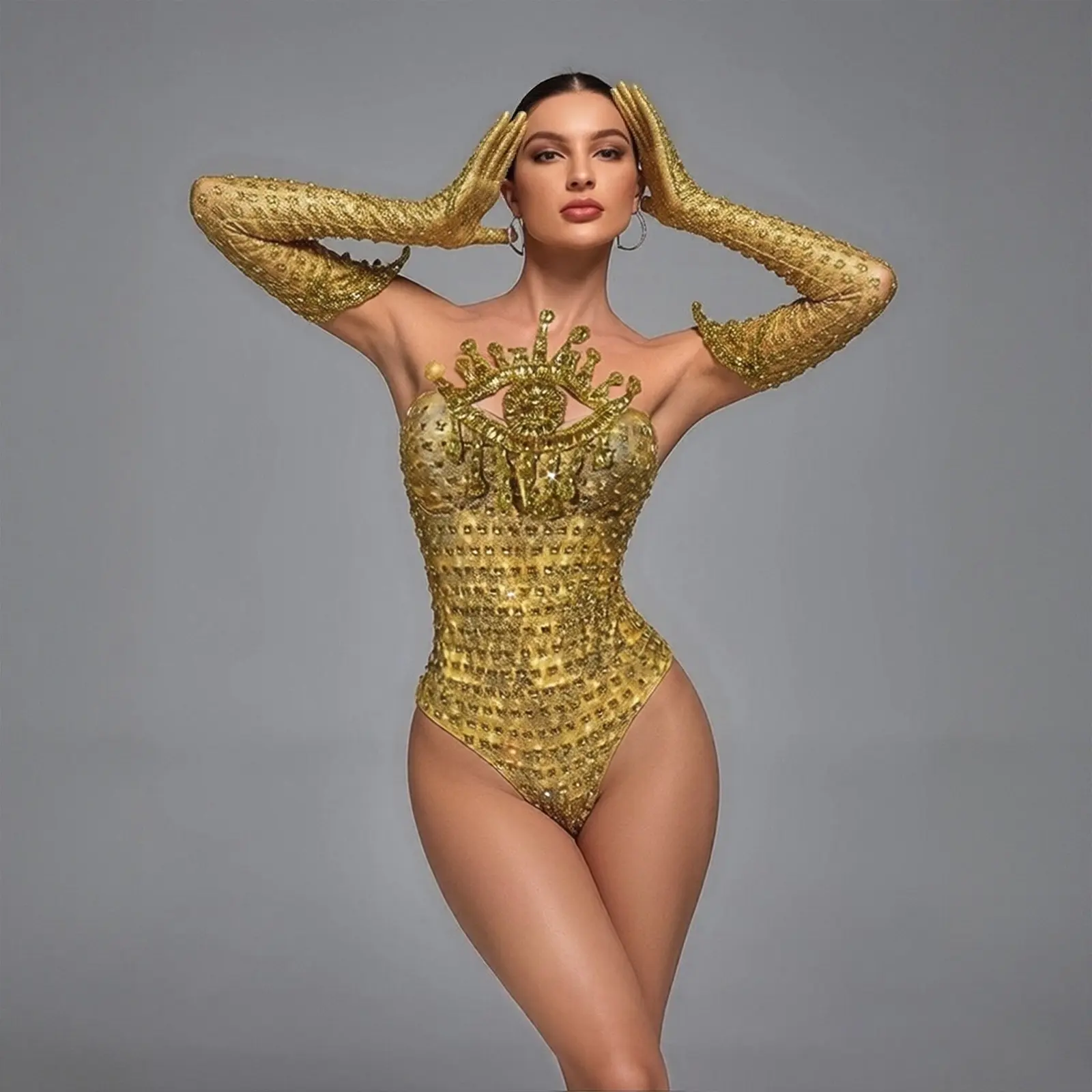 Gold Sequin Stretch Fit Bodysuit Women Spiked Long Sleeves Sunburst Glitter Stage Costume Sparkly Rave Festival Catsuit Halloween Festivaln Drag Queen Stage Outfit