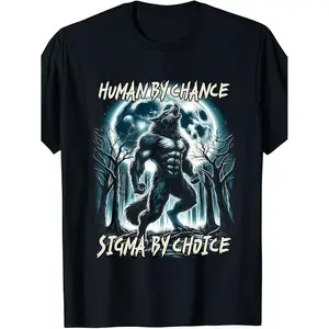 Mens Vintage Pattern TShirt with Bold Text "Human by Chance Wolf and Moon by Choice" Casual Short Sleeve Summer Top Durable Machine Washable Black Humorous Gift for Men Classic Fit