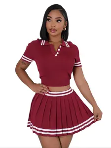 Women's Striped Fitted Knit Polo Top & Skirt Two-piece Set, Casual Fashion Short Sleeve Crop Top & Skirt for Daily Outdoor Wear, Ladies Clothes for Spring & Fall