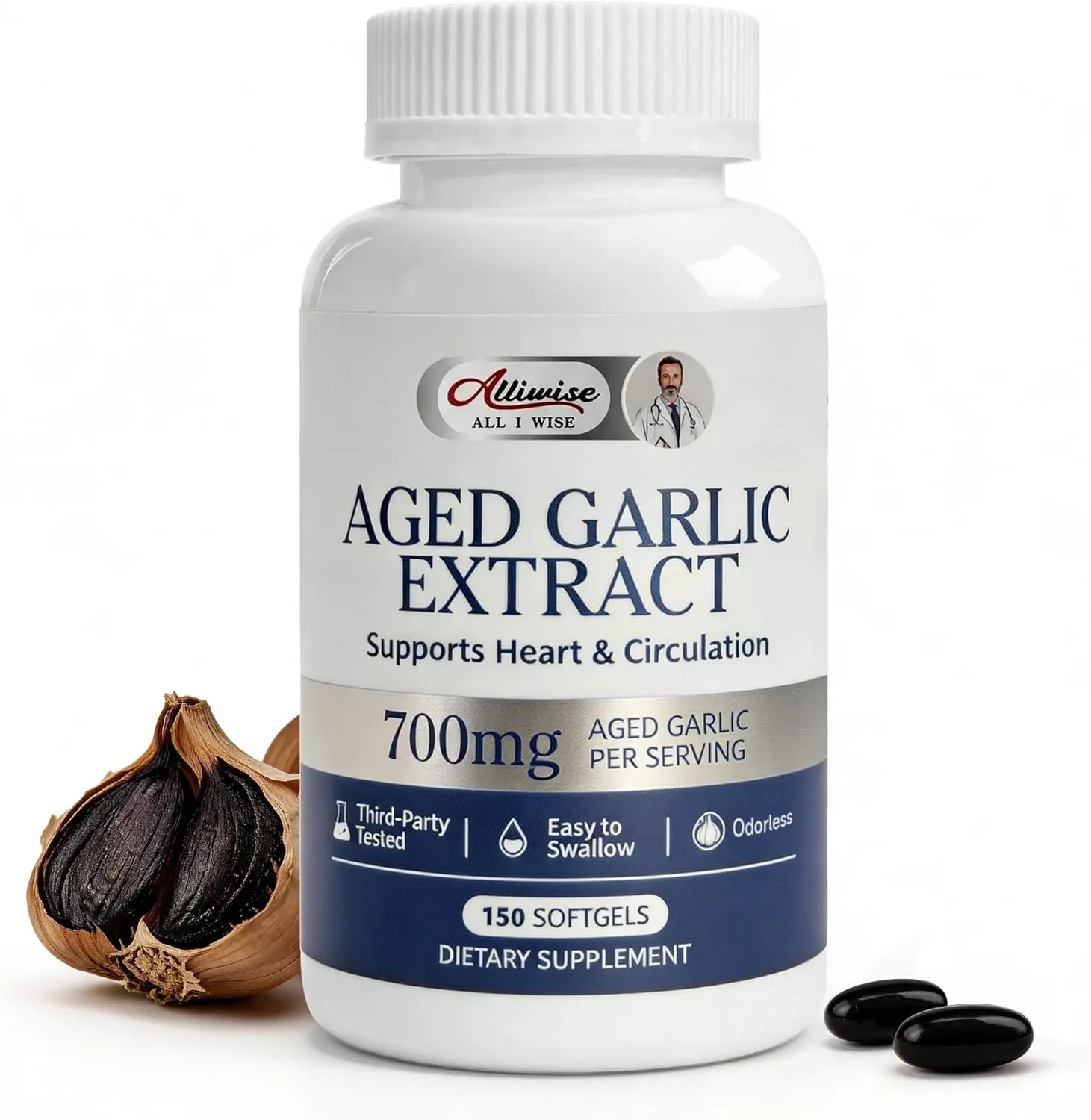 Aged Garlic Extract 700mg, Aged Black Garlic Supplements,Heart Support | Aged Odorless Garlic Supplement with Aged Garlic Extract & Fermented Black Garlic,Daily Heart and Circulation Support