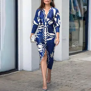 ChicMe Women's Floral Print Deep V-Neck Gigot Sleeve Party Dress Front Slit Ruched Cinched Waist Vacation Dress Formal Elegant Womenswear