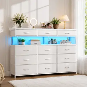 Raybee White Dresser for Bedroom with Charging Station & LED Lights 12 Fabric Drawers Storage Organizer 10mm Acrylic Sheet Stylish Space-Saving Design