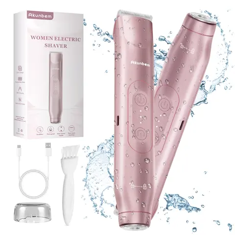 Bikini Trimmer for Women, Akunbem Electric Shaver and Razor Rechargeable 2-in-1 Body and Facial Hair Removal Double Head for Painless Trimming of Pubic Face Underarm Legs, IPX7 Waterproof, pink Soft Blades Smooth