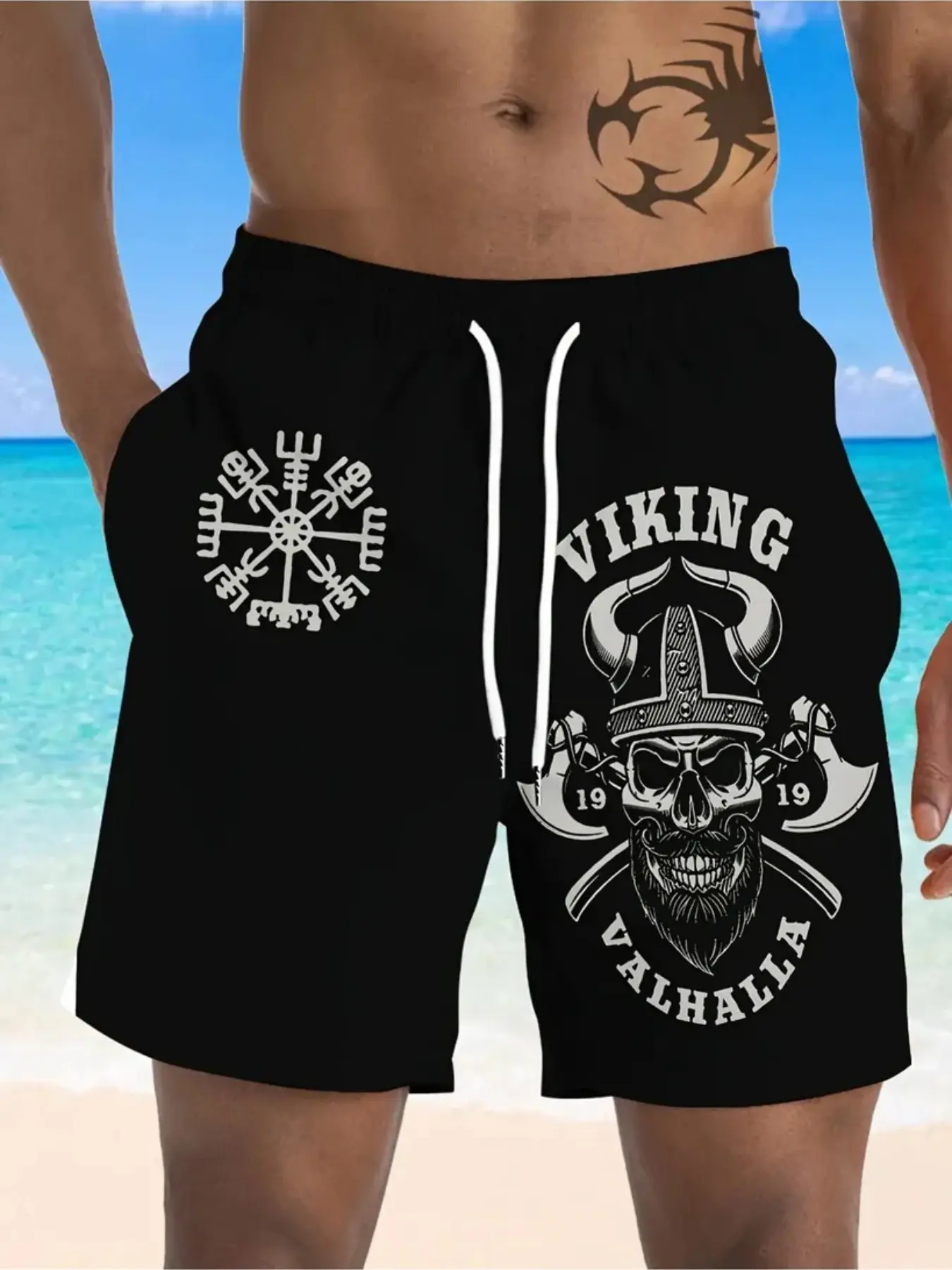Men's Viking Rune Raven Print Casual Fashion Shorts, Loose-Fitting, All Seasons, Comfortable and Stylish, Perfect for Daily Wear, Graphic Print Shorts