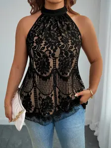 Plus Size Women's Floral Lace Halter Top, Fitted Blouse with Ruffle Hem, Summer Sexy Retro Chic Style, Party Date, Office Wear, Vacation Photo