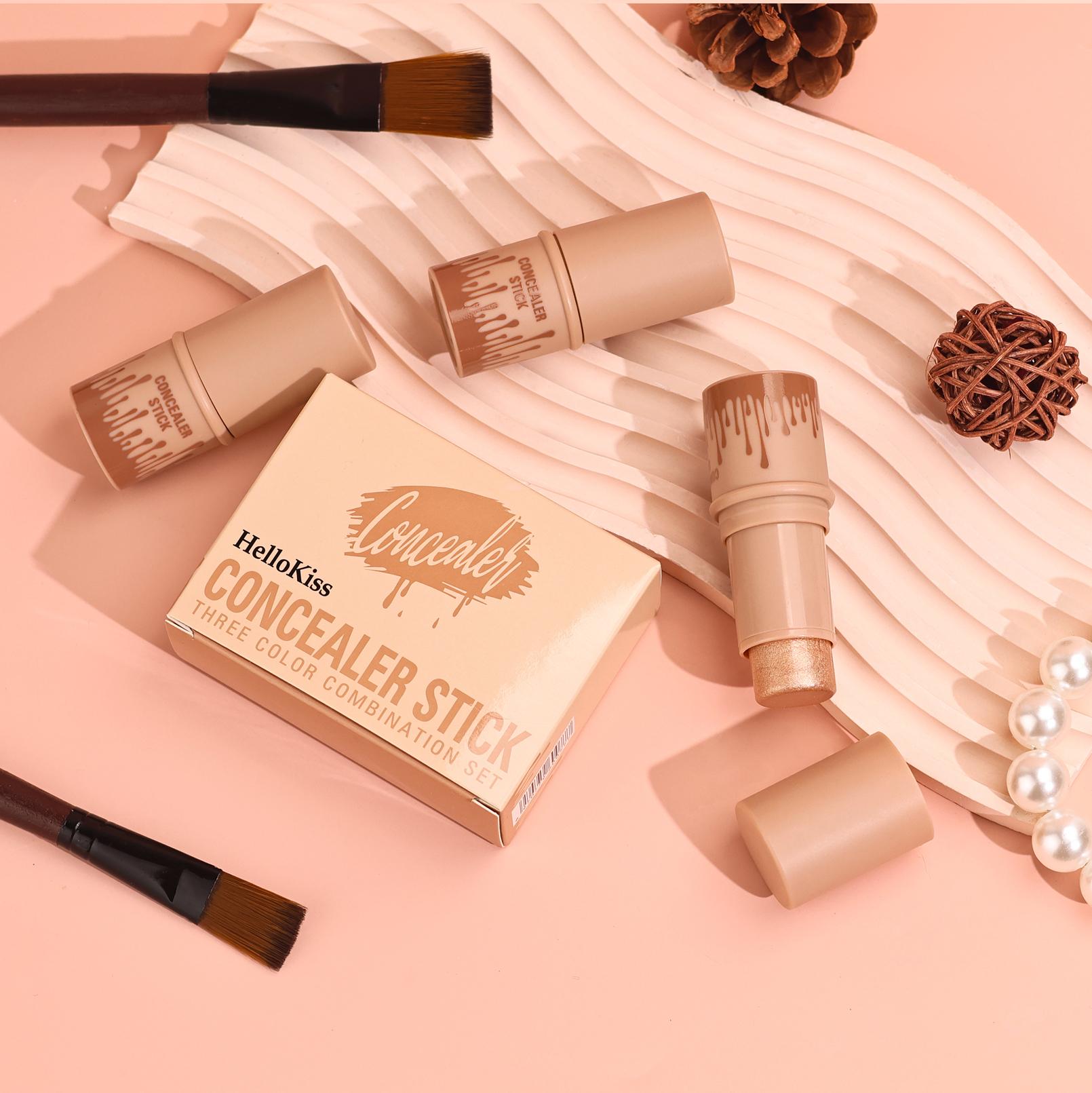 HelloKiss 3-Piece Contour Stick Set Highlight Contour Blush Stick Cream Blush for All Skin Tones Makeup Cosmetic Long-Lasting Transfer-Proof Buildable Formula - Blend, Brush