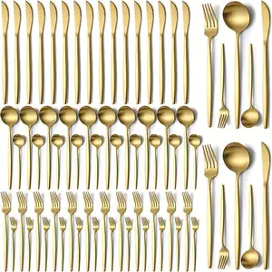 Stainless Steel Cutlery Set Mirror Polished 30pcs , Including Steak Knife, Fork, Spoon And Teaspoon, Dinner Fork, Dinner Spoon, Fruit Fork, Dessert Spoon, Coffee Spoon, Suitable For Family Restaurants, Hotels, Parties, Weddings, Copper Cutlery Set