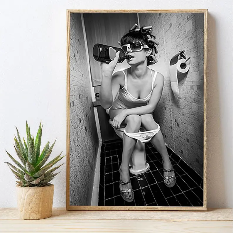 Funny Bathroom Wall Art, Drinking in the Bathroom, Girl on the Toilet, Black and White Bathroom Prints