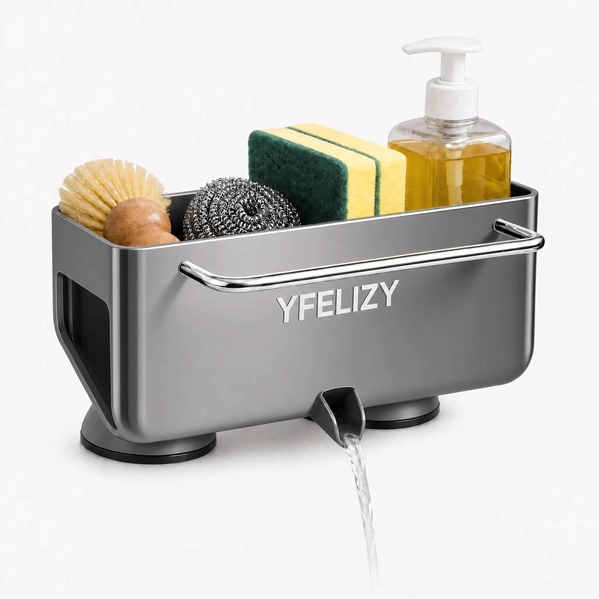 YFELIZY Suction-Type Kitchen Sink Organiser - Stainless Steel Wool Holder, Hanging ABS Storage Rack with Suction Cups, Drainage Outlets, Towel Hangers, Self-Flow Sponge Racks, Soap Dispensers, Dish Brush Holders (Fits Kitchens, Bathrooms), Home Supplies,