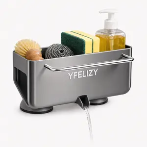 YFELIZY Kitchen suction-type sink storage rack, suitable for kitchens and bathrooms, featuring suction cups, drainage outlets, towel hangers, self-flow sponge racks, soap dispensers and dish brush holders.