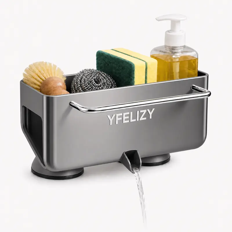 YFELIZY Corrosion Resistant Suction Cup Kitchen Sink Organiser - Home Supplies Hanging Rack with Countertop Stand, Drain Holes, Stainless Steel Wire Ball, Towel, Self-Draining Sponge, Soap Dispenser, Dish Brush Holder (Kitchen Use)