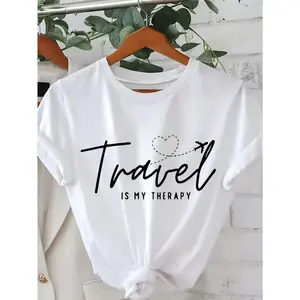 Women's "Travel is My Therapy" Graphic Cotton T-Shirt White with Black Lettering & Airplane Heart Design Loose Fit Short Sleeve Round Neck Casual Top for Spring Summer Breathable Machine Washable Tee WW2210193