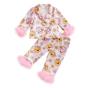 REDWOON Toddler Baby Girl Halloween Pajamas Feather Satin Silk Button Down Pumpkin Pjs Outfit Nightgown Jammies Lounge Set