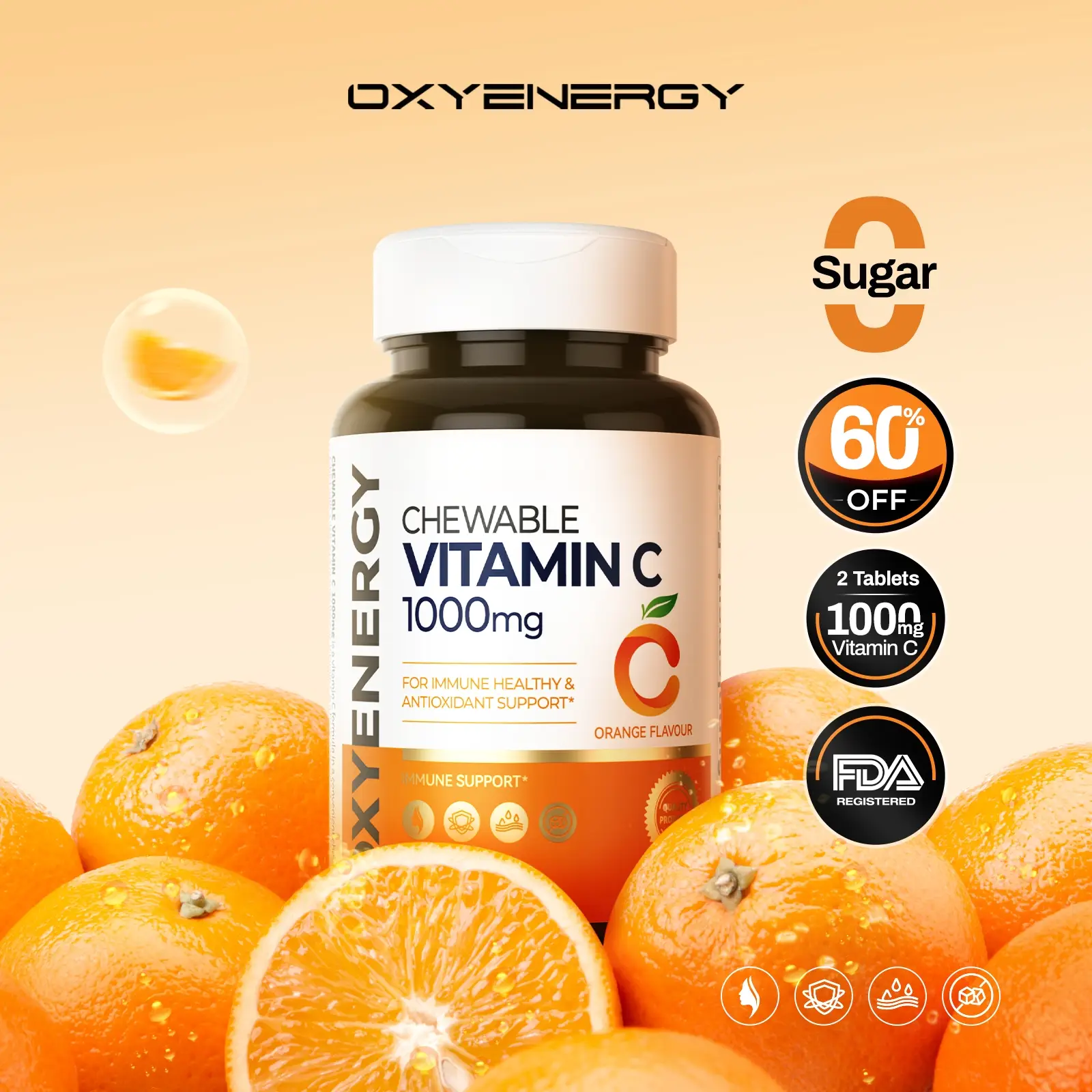 Oxyenergy Chewable Vitamin C,for Immunity Enhancement,Pigmentation Prevention,Antoxidant Support,1000mg High-Content,100 tablets/bottle