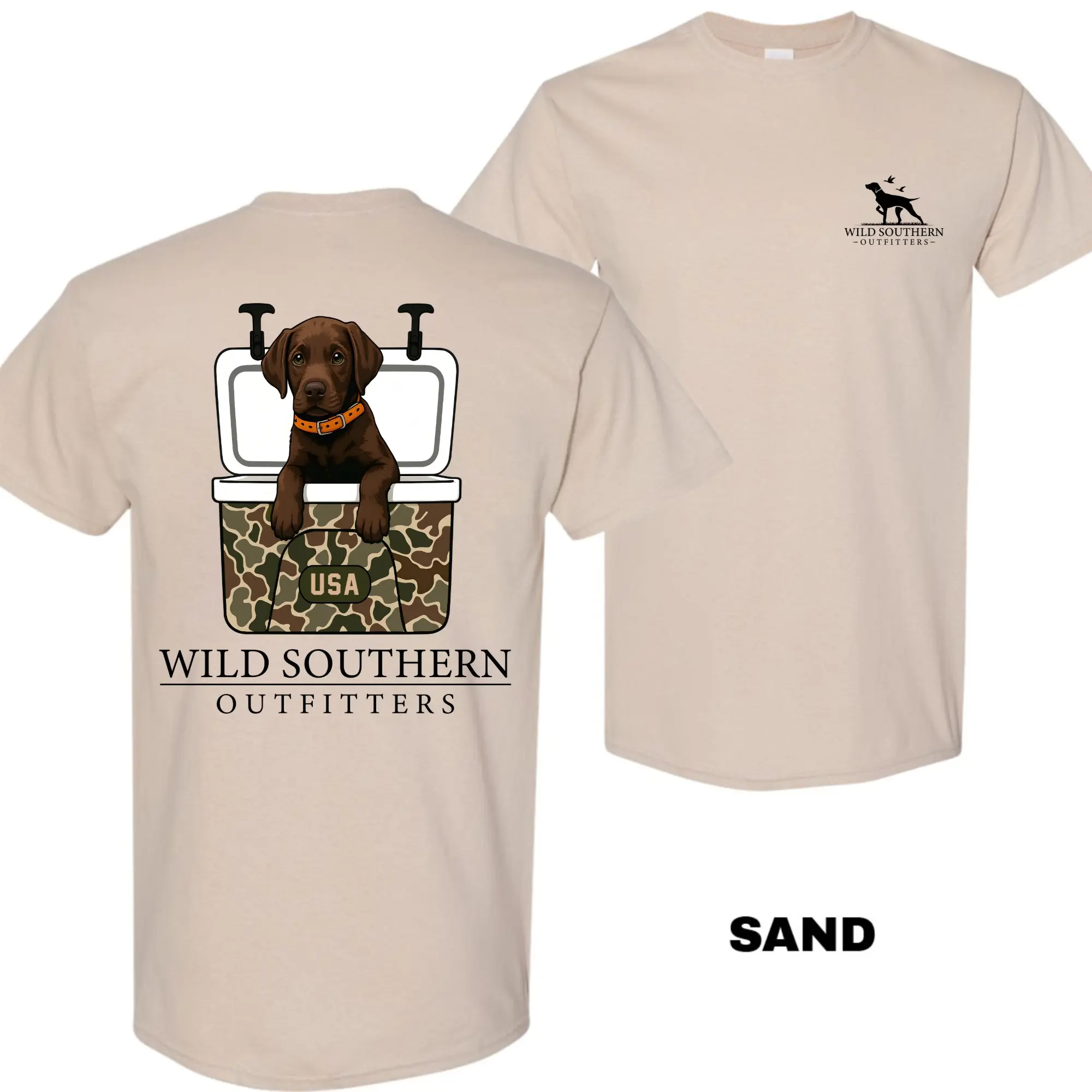 Wild Southern Outfitters Labrador Retriever T-Shirt, Cute Chocolate Lab Sitting in Camo Cooler Graphic Tee, Hunting Dog Lover Shirt, Casual Everyday Wear for Men Women